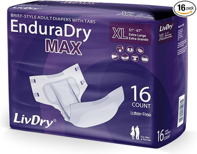 LivDry EnduraDry Max - Maximum Absorbency Adult Incontinence Diapers with Tabs, Heavy Overnight Brief for Men & Women, Extra Large, 16-Pack