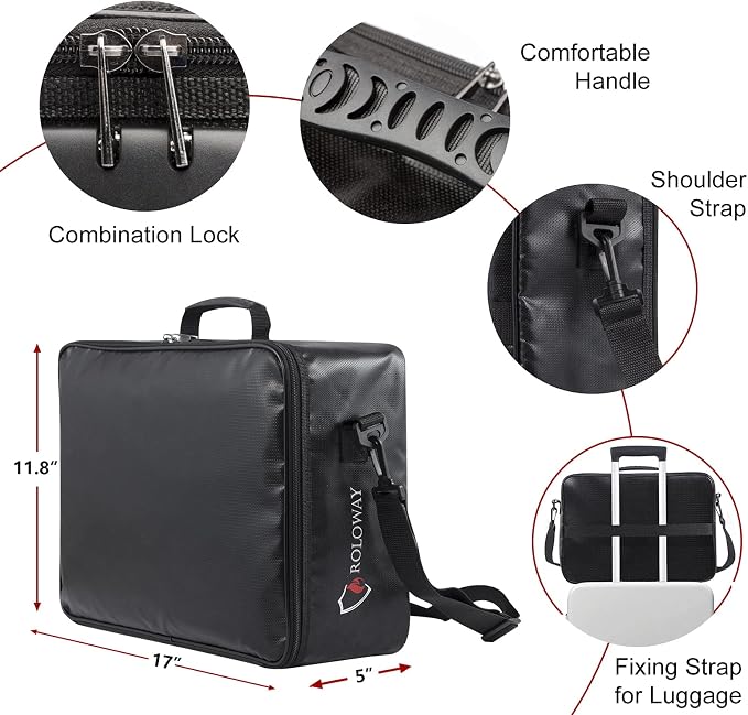 ROLOWAY Fireproof Document Bag with Lock (17 x 11.8 x 5 inch), Important Document Storage Bag with Multi-Layer File Organizers (Black)