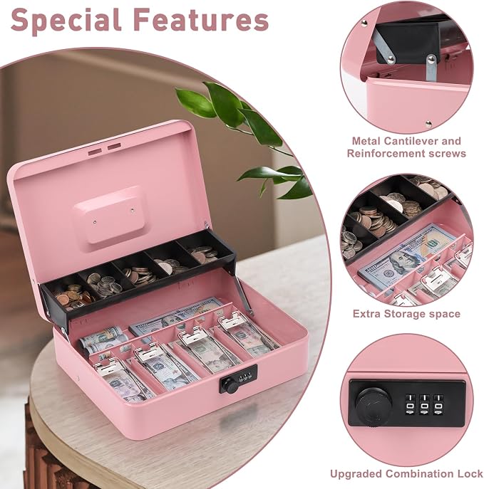 KYODOLED Large Cash Box with Combination Lock, Money Box with Cash Tray, Lock Safe Box with Key, Money Saving Organizer, 11.81Lx 9.45Wx 3.54H Inches, Pink XL Large