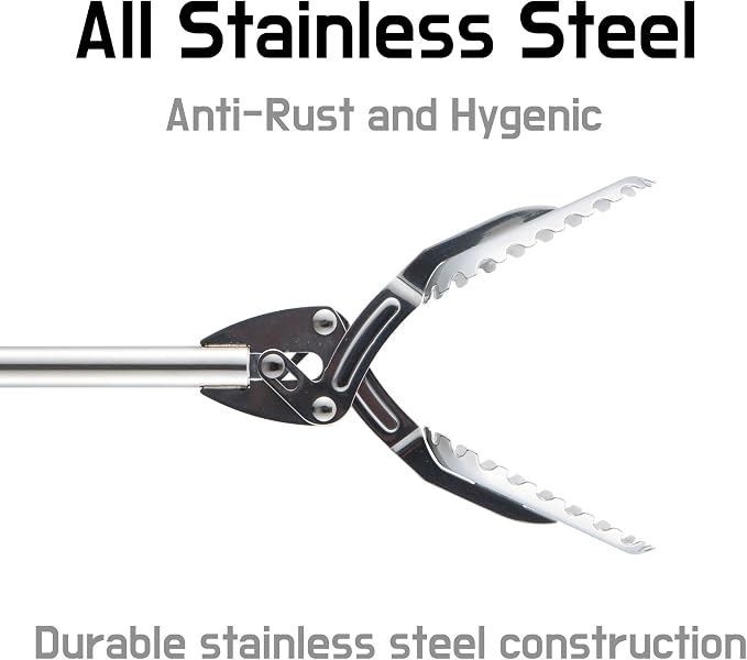 FTH Stainless Steel Grabber Reacher Pickup Tool Heavy Duty Trash Picker 48" | Log BBQ fireplace pits snake tongs plogging tool no wire design outdoor yard cleanup litter picker leaves branches sticks