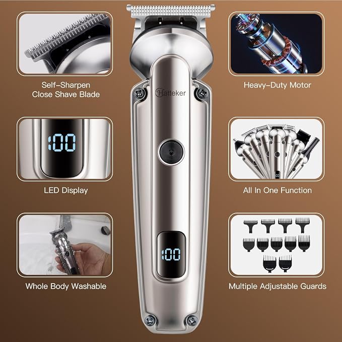 Hatteker Beard Trimmer for Men, Waterproof Hair Trimmer Electric Razor, Cordless Hair Clippers Shavers for Men, Shaving Kit for Nose Mustache Body Facial, Beard Grooming Kit 7 in 1