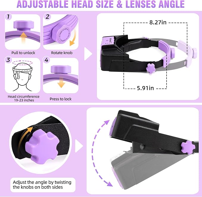 Dilzekui Rechargeable Magnifying Glasses for Close Work 1.5X to 3.5X Lenses | with Adjustable Light,Opitcal Acrylic Lens, Lightweight Magnify Headset, Handsfree Head Magnifier for Jewelers Hobbies Crafts