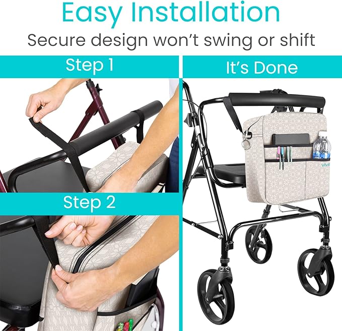 Vive Wheelchair Bag - Machine Washable, Double-Stitched, Water-Resistant Accessory Backpack for Rollators, Wheel Chairs, Walkers - Pouch with XL Pockets & Straps for Quick Installation