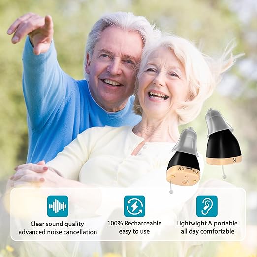 Rechargeable Hearing Aids for Seniors with Noise Cancellation, OTC hearing aids Digital Chips for Clear Sound, CIC In-Ear Fit Comfortable & Invisible, Charging Case Volume Control, 1 Pair, Black