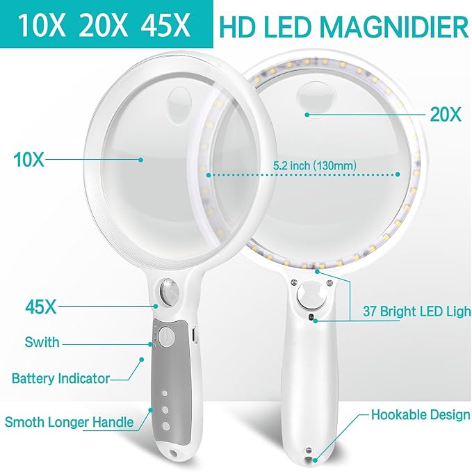 Large Magnifying Glass with 37 LED Light, 10X 20X 45X Handheld Illuminated Lighted Magnifier with 3 Light Modes Rechargeable Magnifying Glass for Seniors Reading, Inspection (White & Grey)