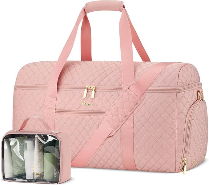 Weekender Bags for Women, Wide Open Large Travel Duffle Bag with Shoe Compartment, Overnight Hospital Bag For Women Labor Delivery, Carry on Bag Personal Item Travel Bag with Wet Pocket (Pink)