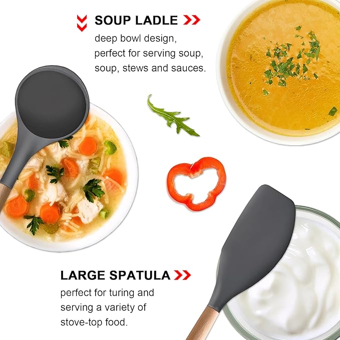 Silicone Cooking Utensils Set 5-Piece Non-Stick Kitchen Utensil Set, Wood Handle Heat Resistant Spatula Spoon Turner Soup Ladle Silicone Cooking Kitchen Gadgets BPA Free for Nonstick Cookware