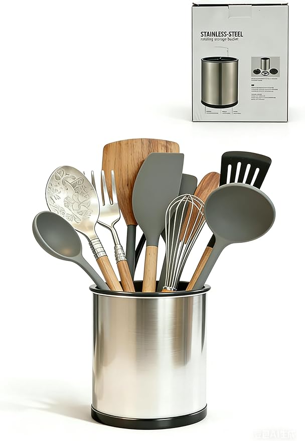 Kitchen Utensil Holder for Kitchen Counter,360° Rotating Stainless Steel Utensils Holder,Large Cooking Utensils Holder with Removable Base,3 Compartments Cutlery Holder