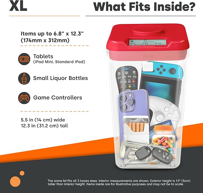 Kitchen Safe Time Locking Container, Cell Phone Jail, Medication Lock Box, Break Bad Habits, Quit Smoking, Stop Snacking, Gaming Addiction, Family Time (XL, Red Lid + 12.3” White Base)