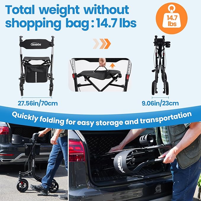 Rollator Walker for Seniors/Adults Foldable Rolling Walker with Seat 330 lbs Capacity 4 Big 8 inch Wheels Hand Grips Adjustable Height Lightweight Aluminum Walker Removable Back Support 7209(Black)