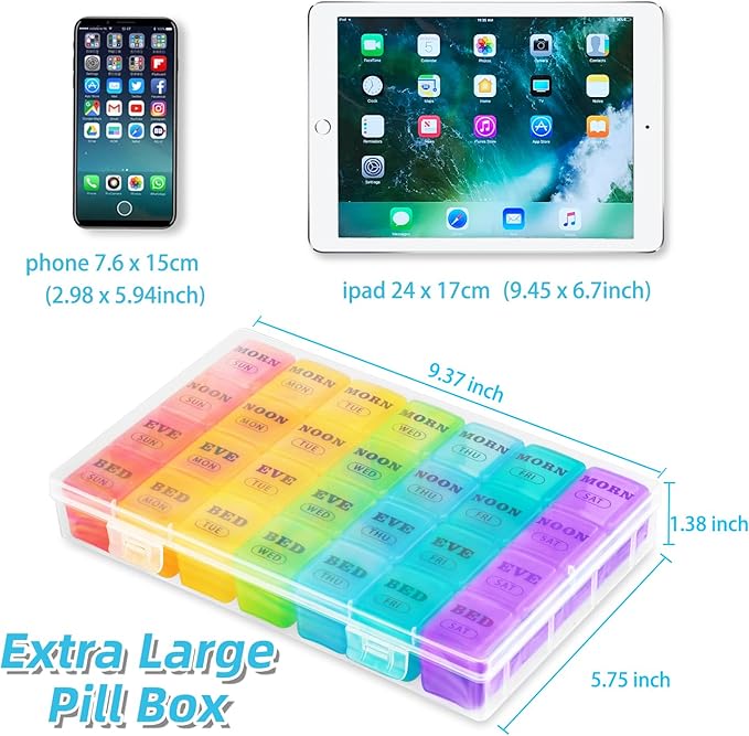 XL Large Weekly Pill Organizer 4 Times a Day, 7-Day Pill Boxes AM PM, Big Compartments Pill Case, Monthly Medication Organizer 28 Days Dispenser for Fish Oils, Vitamin Holder Supplement