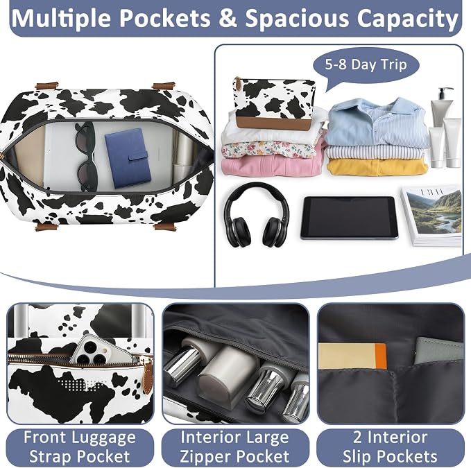 ELONGRIVER Travel Duffle Bag for Women, Weekender Bags, Hospital Bag for Labor Delivery, Lightweight Tote Duffel Overnight Bag with Luggage Sleeve, Airplane Travel Bags with Toiletry Bag, X-Large, Cow