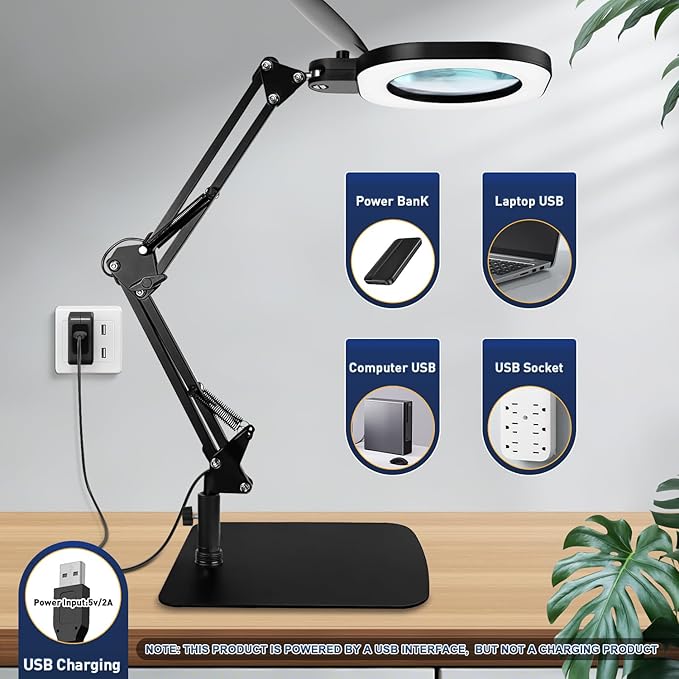 Magnifying Glass with Light and Stand,15x 3in1 Magnifying Lamp, 5 Color Stepless Dimmable,80 Led Desk&Floor Lamp with Lighted Magnifying Glass,Hands Free Magnifying Glasses for Close Work