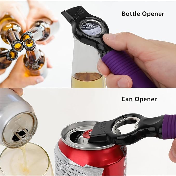 2-Pack Magnetic Beer Bottle Opener & Soda Can Opener, 2-in-1 Bottle Opener and Can Tab Opener Tool for Bartender, Long Nails, Arthritis, Silicone Handle with Build in Magnet - Dark Purple