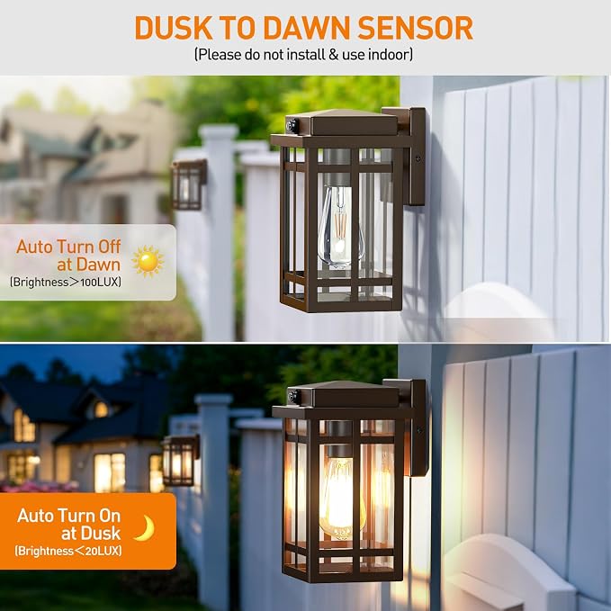 9.76'' Dusk to Dawn Outdoor Wall Light 2 Packs, Brown | Exterior Fixture Mount for House Front Porch, Anti-Rust Modern Lantern with Tempered Glass Shade for Garage