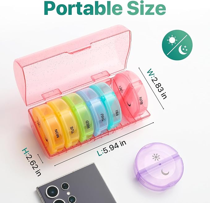 Sukuos Large Weekly Pill Organizer 2 Times a Day, Daily Pill Box 7 Day Easy to Open with Double Protection, AM PM Pill Case for Medicine/Vitamin/Fish Oil/Supplements (Glitter Pink)
