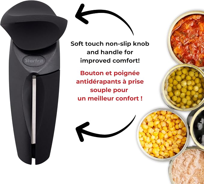 Starfrit MightiCan Can Opener, Safe Smooth-Cut, Comfort Grip, Black | Safe can opener. Holds lid after cutting. No sharp edges. Comfort grip. Non-slip knob. 3-year warranty.