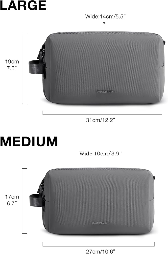 BAGSMART Toiletry Bag for Men, Travel Toiletry Organizer Dopp Kit Water-resistant Shaving Bag for Toiletries Accessories, Door Room Essentials,Grey-large
