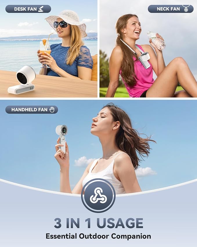 PlayHot Portable Handheld Turbo Fan, Travel Essentials, Gifts for Women/Men | 5-Speed, Up to 12H, 10m/s Airflow, USB-C Rechargeable, LED Display, 3-in-1 Foldable Personal Fan for Cruise, Beach, Vacation
