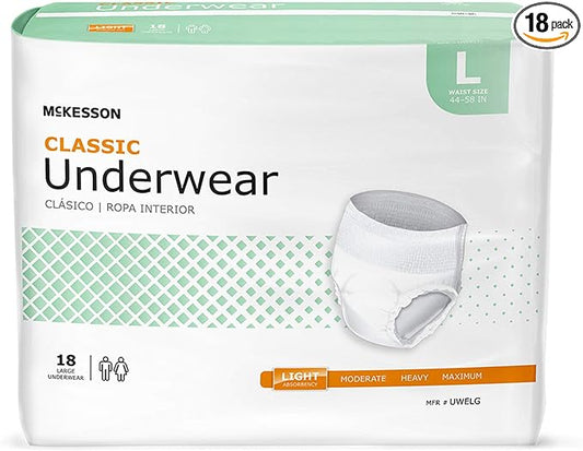 McKesson Classic Adult Incontinence Underwear, [18 Count], Light Absorbency, Large, 44-58 in. Unisex Bladder Leak Protection, Pull-On Style with Tear-Away Sides, Postpartum and Incontinence Support