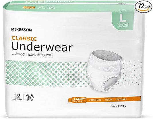 McKesson Classic Adult Incontinence Underwear, [72 Count], Light Absorbency, Large, 44-58 in. Unisex Bladder Leak Protection, Pull-On Style with Tear-Away Sides, Postpartum and Incontinence Support