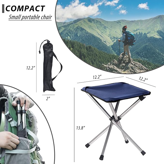 Lightweight Backpacking Stool, 13.8in Portable Folding Chair with Carry Bag | Folds to 2.6x2.6x12.6in, Retractable 4-Leg Frame, No Assembly and Carry Bag for Hiking, Travel, Concerts, Queuing and Fishing