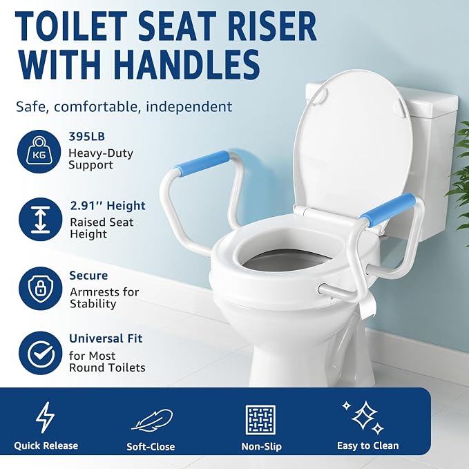 Raised Toilet Seat with Armrest, Round 16.5inch | Height 2.91inch, Soft Close, Quick-Release, Triple Anti-Slip Pad, Urine Splash Guard, Safe and Durable