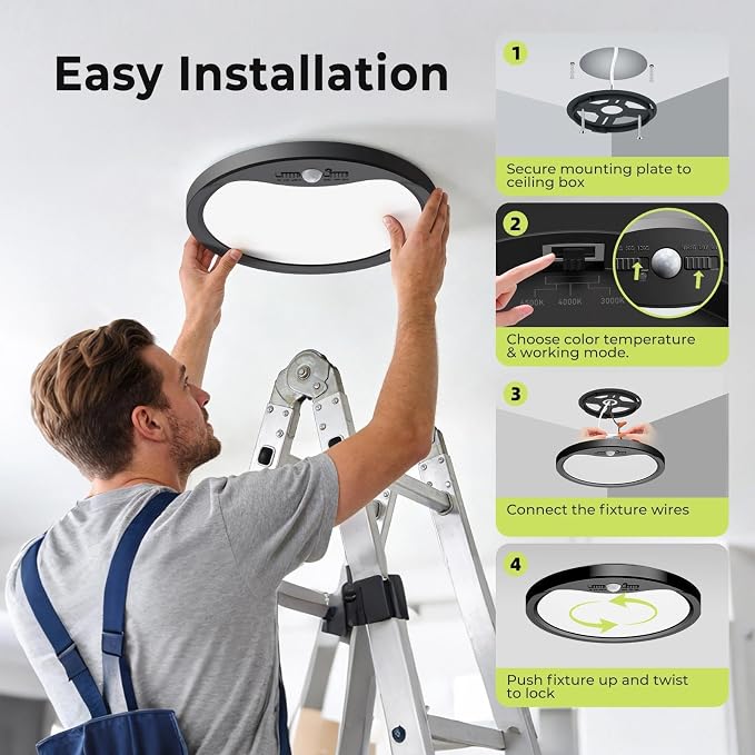hepside Motion Sensor Ceiling Light Wired, 3000K/4000K/6500K LED Flush Mount Ceiling Light Fixture, 12Inch 24W Motion Sensor Light with Timer for Closet Stair Porch Hallway Pantry,Black
