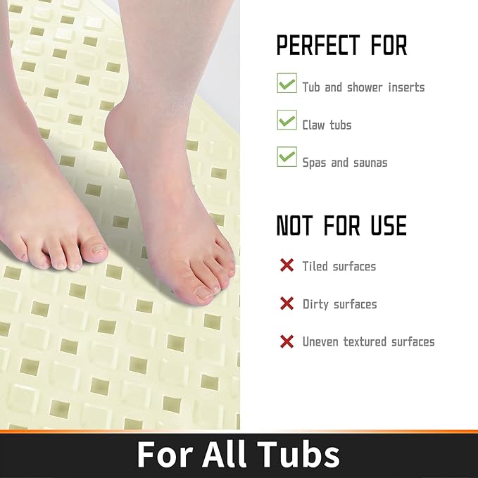 Yimobra Non Slip Bath Mat, Super Strong Suction Cups,34.5"x15.5"Long Tub Mat with Drain Holes, Machine Washable Fast Draining Shower Mats, Bathroom Essentials,Beige