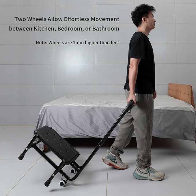 2 Step Stool with Handrail & 2 Casters for Elderly, Bed Steps for High Beds for Adults, Non Slip Platform and Adjustable Handrail, for Kitchen Bathroom RV Bathtub, Assist Rail for Elderly, Black