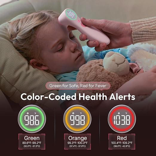 Viproud No-Touch Thermometer for Kids and Adults, 1-Second Reading, Pink | Forehead & Object Mode, Fever Indicator, Large Clear LED, Silent Mode, Home Medical, Nurse Accessories, Lifetime Support