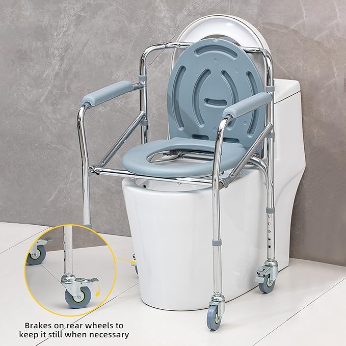 Bedside Commode Chair with Wheels, Heavy Duty Steel Frame Portable Toilets for Elderly with Adjustable Height, Bedside Commodes for Seniors, Portable Commode for Elderly
