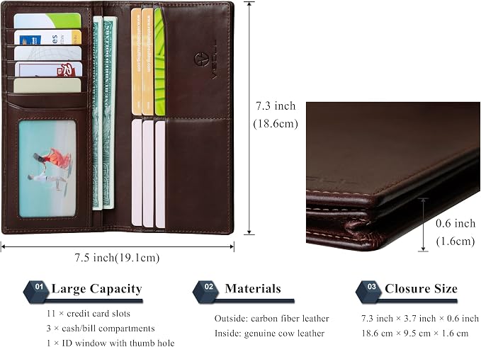VISOUL Leather Checkbook Cover Wallet for Men with RFID Blocking, Mens Long Bifold Cash Tall Wallet with 11 Credit Card Slots 1 ID Window (Coffee)