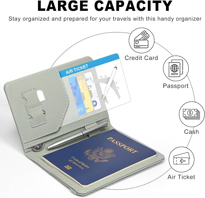 ACdream RFID BLOCKING Passport Holder Travel Wallet - Premium PU Leather Cover Passport Book with Card Holder, Pen Holder, Keep Organization, and Travel Essentials for Women and Men, Agave Green
