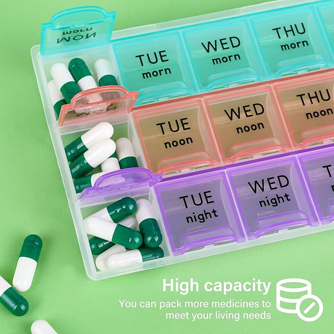Large Weekly Pill Organizer 3 Times A Day,Travel Pill Cases ，Moisture-Proof 7 Day Pill Contaner, Portable for Pills Vitamin Fish Oil Supplements,Medicine Organizer（2Pack）