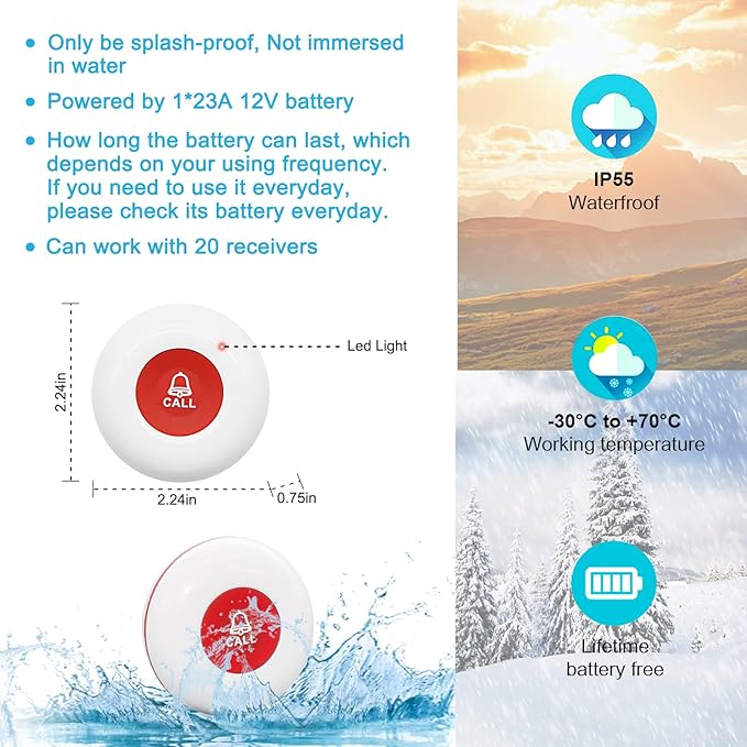CallToU Wireless Caregiver Pager Waterproof Call Button Vibration Call Button for Elderly at Home Disabled Patient Elderly Monitoring Nurse Calling 2 SOS Call Buttons/Transmitters 500FT 2 Receivers
