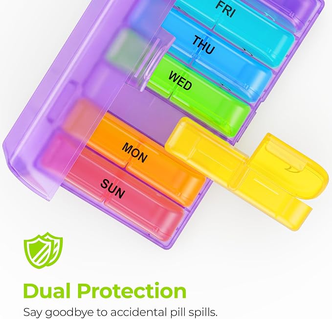 AUVON XL Weekly Pill Organizer 2 Times a Day with Large Opening for Easy Filling, AM PM Pill Box 7 Day in Rainbow Colors, Portable Travel Pill Case for Medication, Vitamins, Fish Oils, Supplements