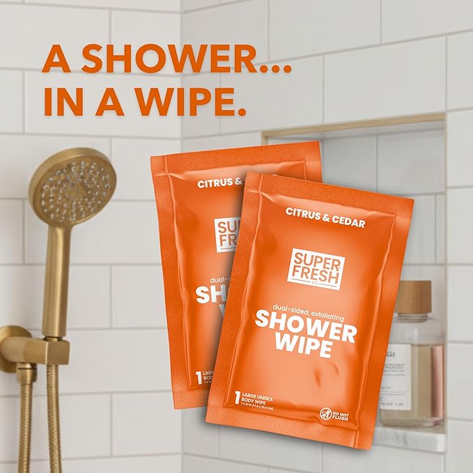 Super Fresh Shower Wipes Large Citrus & Cedar Body Wipes for No Rinse Bathing Personal Hygiene Gym Travel or Camping Enriched with Aloe and Vitamin E 20 Individually Wrapped Disposable Sheets