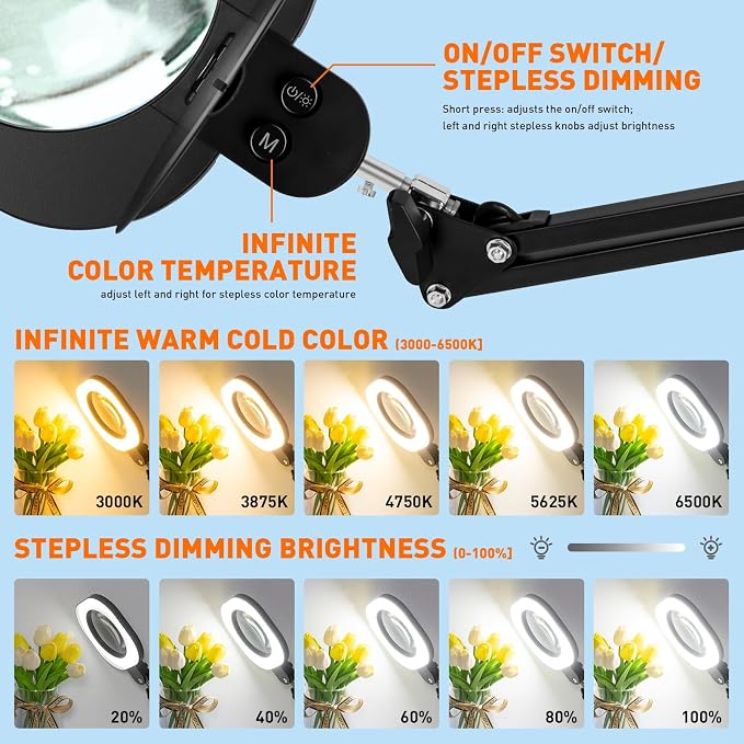 HITTI 2200 Lumens 12X Magnifying Glass with Light and Clamp, 5-Inch Glass | Real Lens, 5 Color Modes, Stepless Dimmable, LED Lighted Magnifier Stand for Workbench, Craft, Soldering, Reading, Painting