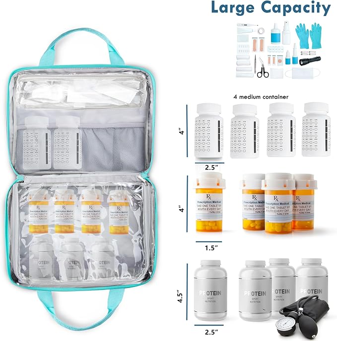 BAGSFY Medicine Bag for Traveling, Pill Bottle Organizer Storage, Large Medication Travel Case, Pills Box for Vitamin, First Aid Kit Bags Empty. (Comes with Weekly Pill Organizer)