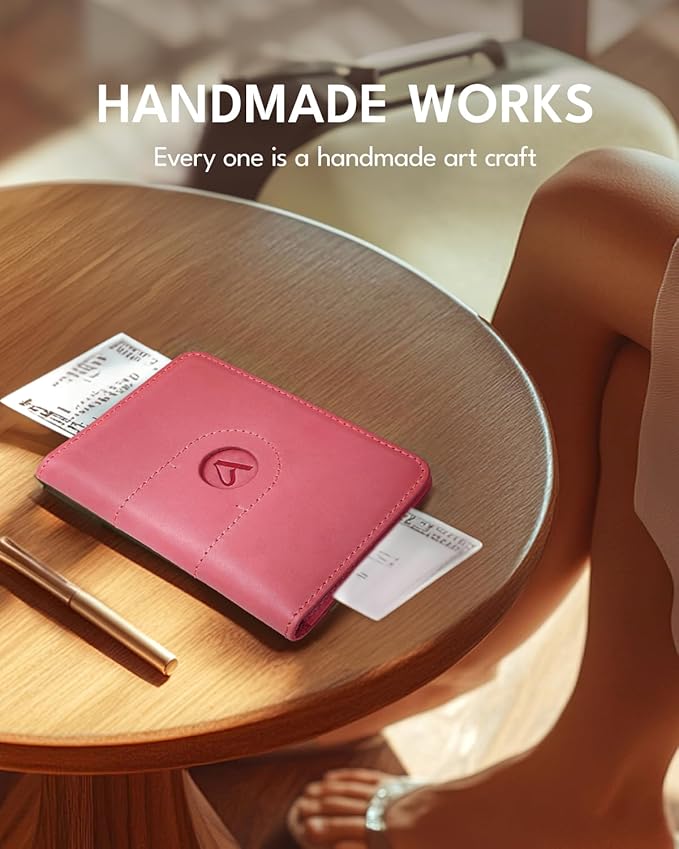 ALLIVE Passport Holder for Travel, Genuine Leather Passport Holder with AirTag Slot for Women and Men, Passport Cover Wallet Travel Must Haves Airport Essentials,Travel Gifts, Pink