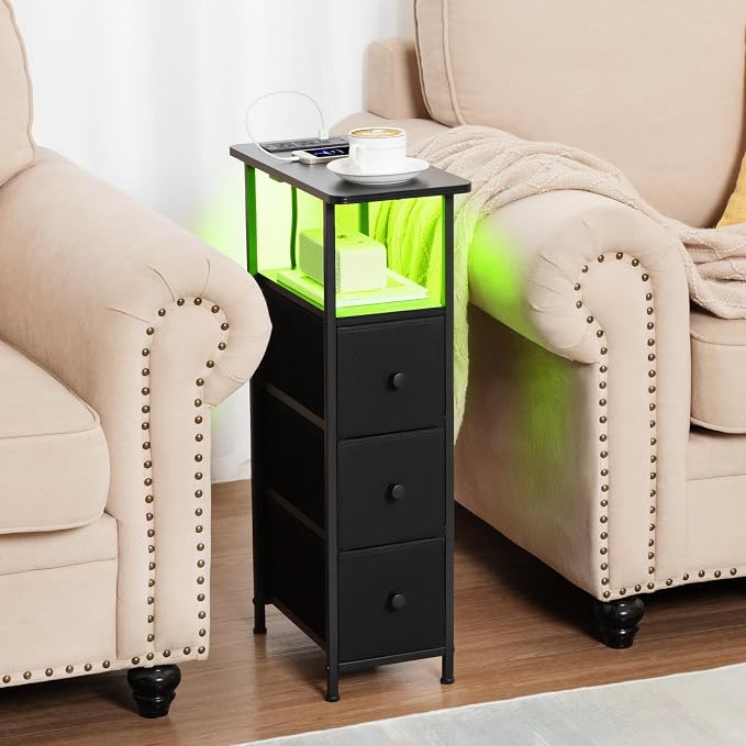 Narrow End Table with Charging Station, Small Nightstand | Skinny Side Tables Living Room with 3 Fabric Drawers, Bedside Table with LED Lights for Bedroom, Small Spaces, Black