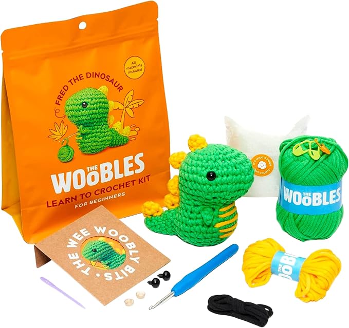 The Woobles Amigurumi Crochet Kit for Beginners (Fred the Dinosaur) | As seen on Shark Tank, Kit includes: Easy Peasy Yarn, pre-started piece, hook, safety eyes, stuffing, video tutorials