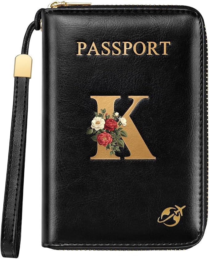 Passport Holder for Travel Personalized Wallet with Wristlet Women | Passport Cover, RFID Blocking, Passport Book Holders, Back Coin Pocket, Zipper Closure, Roses Initial Letter, Black K
