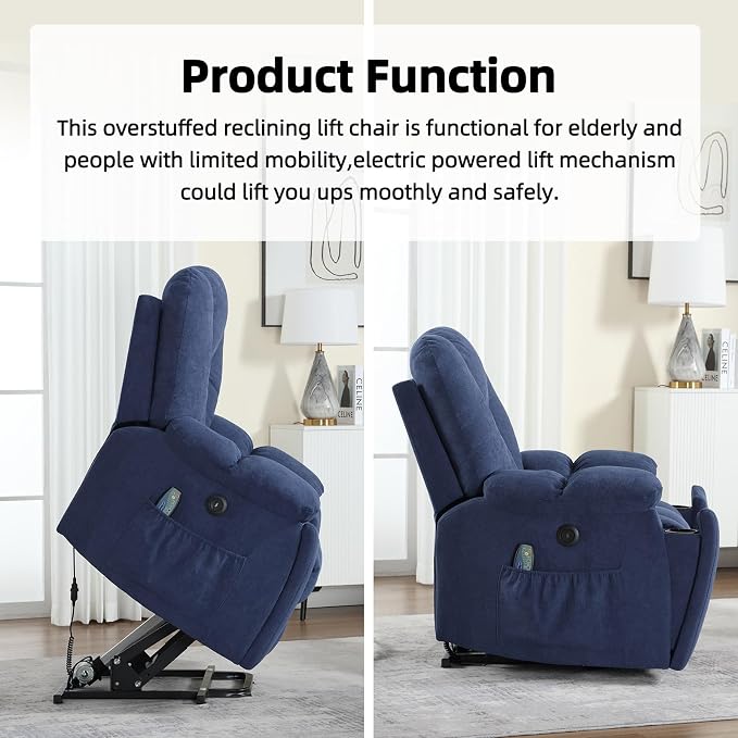 Power Lift Recliner Chair with Massage and Heat for Elderly, Overstuffed Wide Recliners, Heavy Duty and Safety Motion Reclining Mechanism with USB Ports, 2 Concealed Cup Holders, Navy Blue