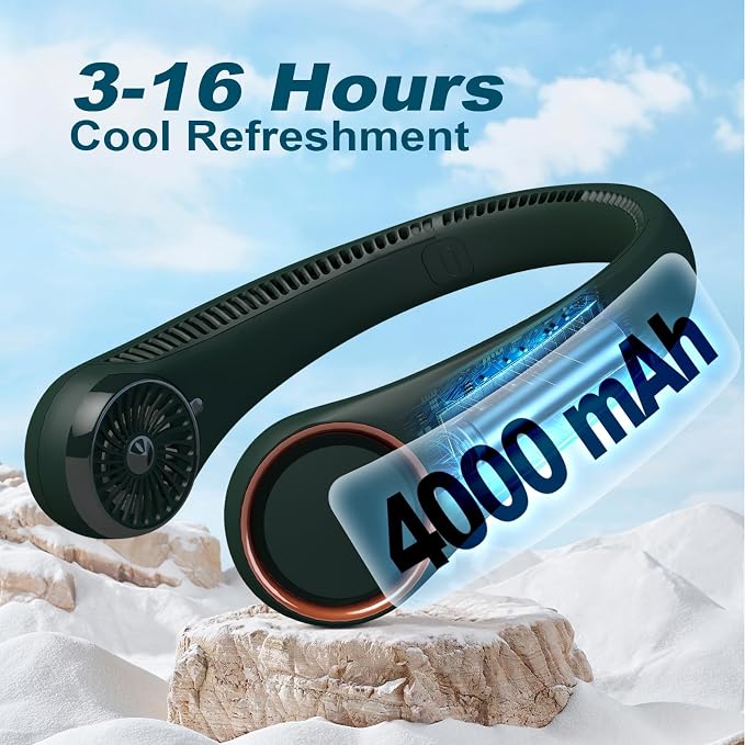 CIVPOWER Neck Fan: Portable Personal Neck Cooling Rechargeable Bladeless Fan - Hands Free 3 Speed 4000 mAh Battery USB Operated Wearable Headphone Design - Gift for Men Women Outdoor (Dark Green)
