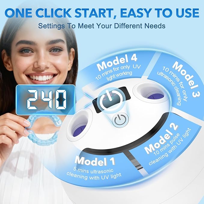 Dental Ultrasonic Retainer Cleaner - 48kHz Dental Cleaning Pod for Denture, Braces, Mouth Guard, Toothbrush Heads, Jewelry, 4 Modes Retainer Cleaner Machine with Digital Timer & 200ML,White