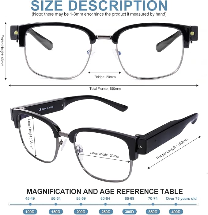 Reading Glasses with Lights USB Rechargeable Bright LED Readers Lighted Eyewear Clear Vision Unisex