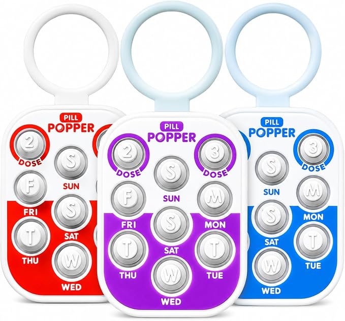 Pill Popper Medication Tracker, Daily Pill Reminder, Small and Portable Memory Aid with Buttons, Attaches to Pill Container, Tracks up to 3 Doses per Day, Multicolor, 3-Pack - Easy To Use Products