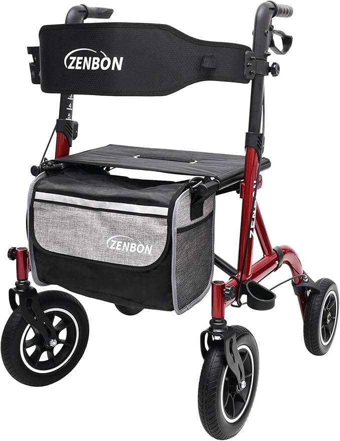 Rollator Walker for Seniors/Adults Foldable Rolling Walker with Seat 330 lbs Capacity 10 inch Wheels Hand Grips Adjustable Height Lightweight Durable Aluminum Walker Removable Back Support 7210(Red)